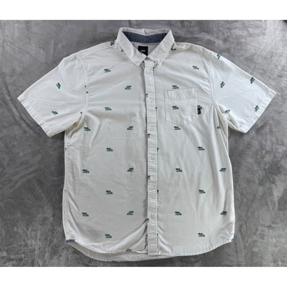 Vans Palm Tree Button Up Shirt Mens Large White Skate Surf Streetwear Summer